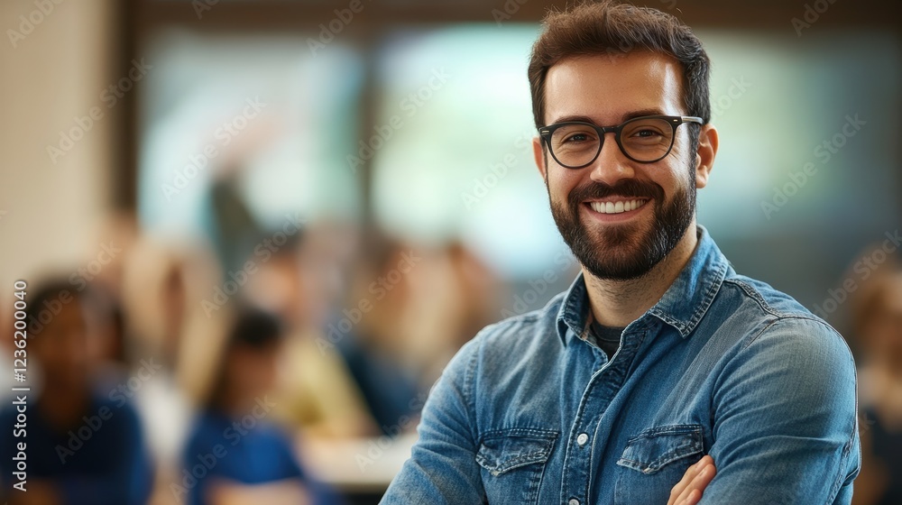 Obraz premium Man with glasses smiling in classroom, engaged in learning with diverse students. Positive atmosphere, education, teamwork, and personal development in focus.