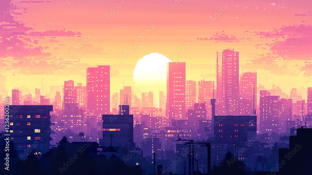 Fototapeta premium Sunset cityscape, buildings illuminated, peaceful evening, urban skyline, digital art, website background