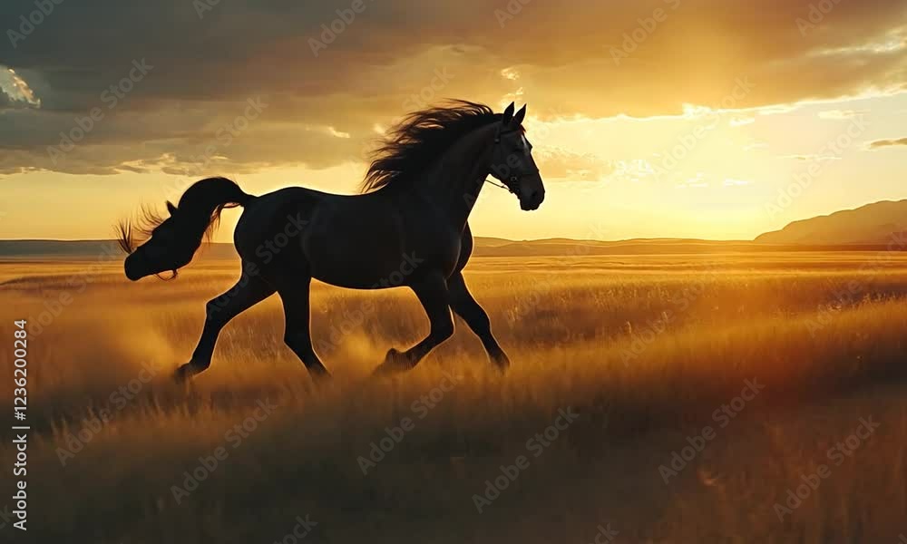 Majestic horses running through golden grassland at sunset Majestic horses running through golden grassland at sunset