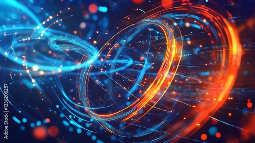 Abstract digital art featuring intertwined glowing circles and particle effects on dark background