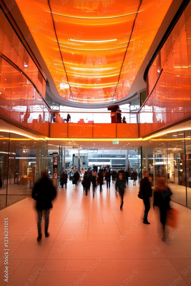 Modern architecture, busy walkway with silhouettes of people in an urban setting, vibrant lighting creating a dynamic atmosphere for daily commutes and city life. Modern architecture, busy walkway with silhouettes of people in an urban setting, vibrant lighting creating a dynamic atmosphere for daily commutes and city life.