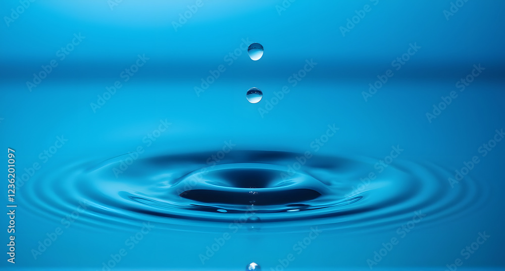 Water Droplets Falling into Blue Water, Creating Ripples Water Droplets Falling into Blue Water, Creating Ripples