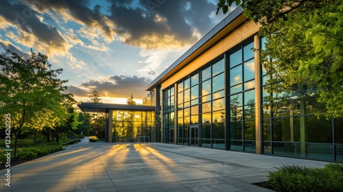 Modern building architecture with large glass windows reflecting sunset  surrounded by greenery and trees  creating a peaceful outdoor environment for urban development.