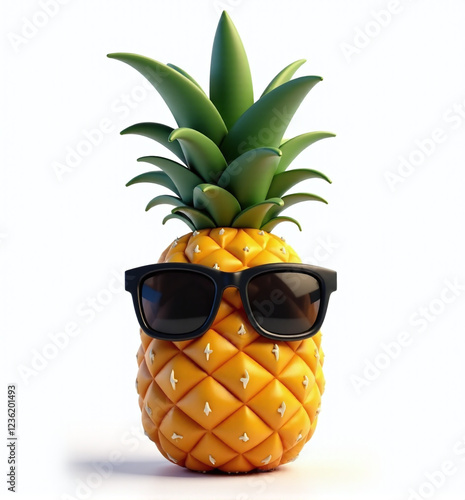 Cool 3D Pineapple with Sunglasses, Fun and Playful Tropical Fruit on White Background
