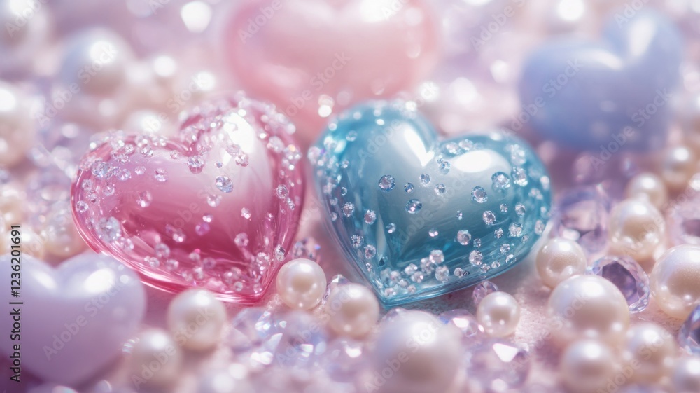Obraz premium Colorful heart-shaped gems on pearls romantic setting macro photography soft focus love concept