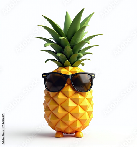 Cool 3D Pineapple with Sunglasses, Fun and Playful Tropical Fruit on White Background
