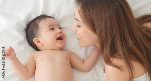 Happy Mother and Baby Bonding in Bed