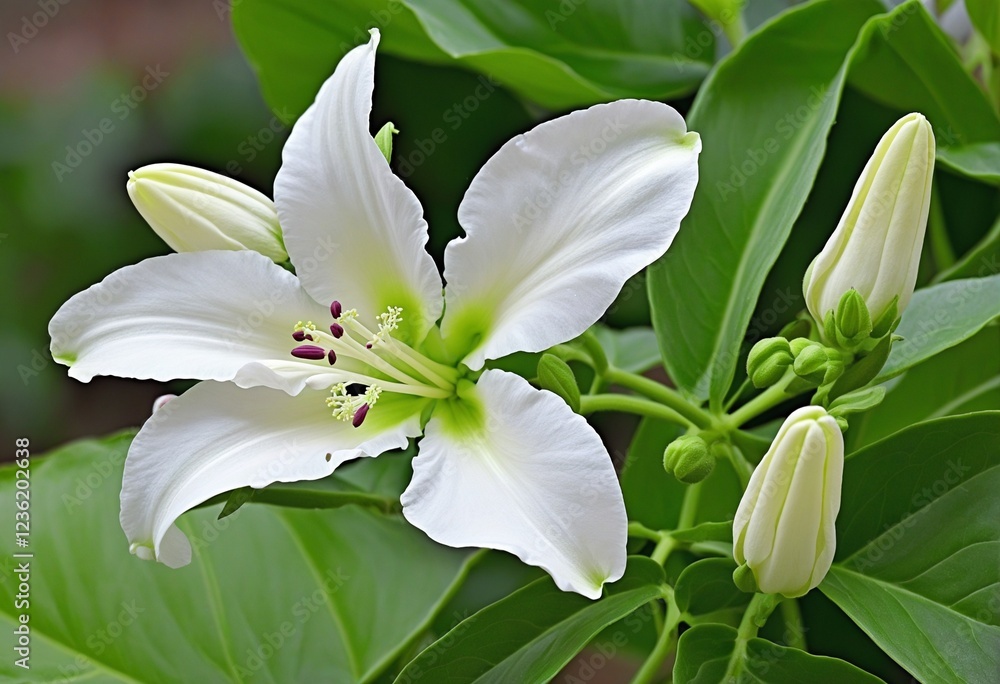 Fototapeta premium Blooming Persian Tobacco: A Vibrant White Flowering Plant in a Summer Garden