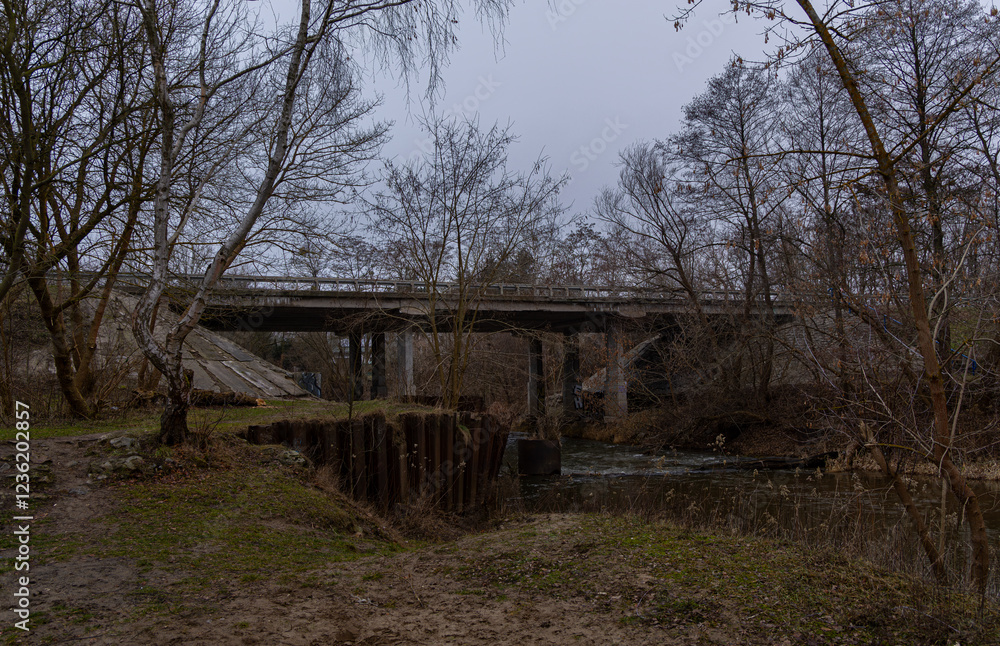Fototapeta premium Bridge over the Świder River, near the city of Otwock, Masovia, central Poland