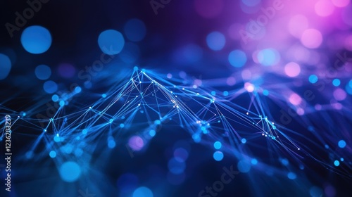 Network connections and digital landscape with glowing lights, representing data flow, technology innovation, and the future of communication. Abstract background.