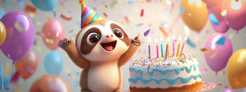Fototapeta premium Cartoon sloth with cake. Selective focus