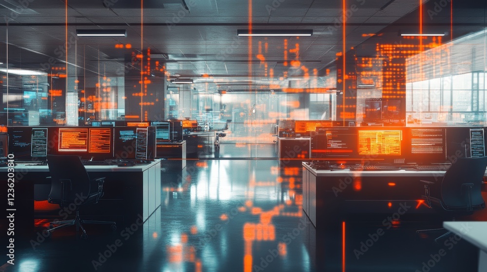 Fototapeta premium Office environment with high-tech computers displaying data analytics for business strategy development. Digital workspace for finance and technology analysis.