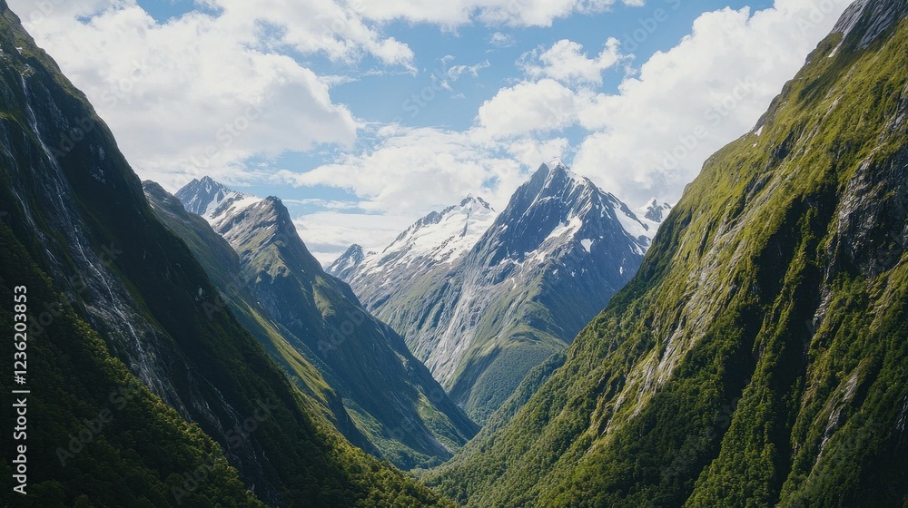 Fototapeta premium Majestic Mountain Landscape with Lush Green Valleys and Clouds