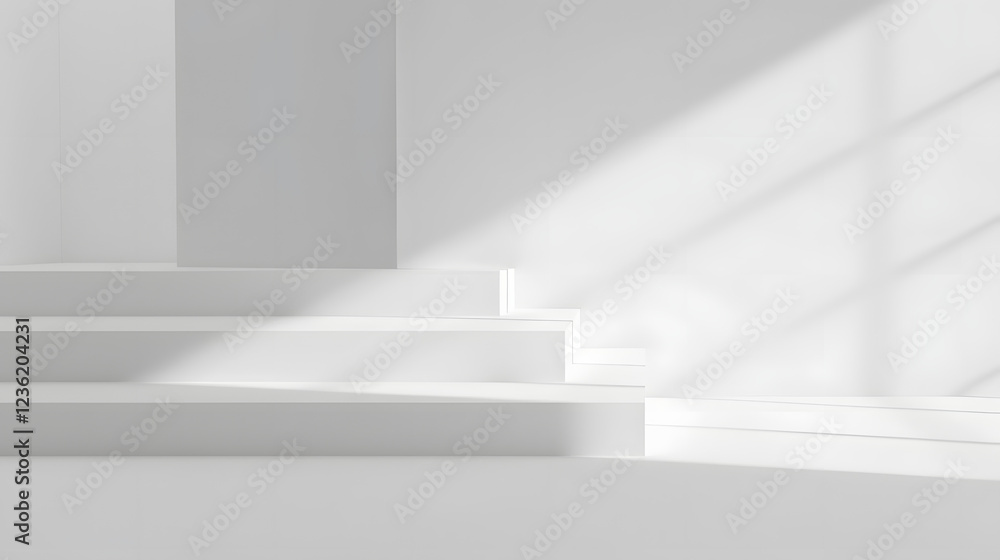 Fototapeta premium Bright white interior with soft shadows created by sunlight streaming through large windows in a minimalist space