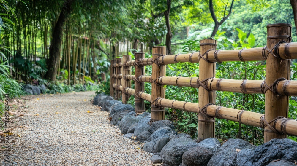 Obraz premium A bamboo fence along a scenic pathway, adding rustic charm to the landscape.