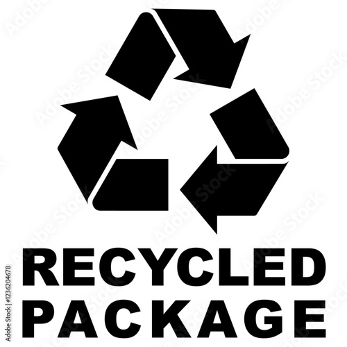 Recycled packaging symbol and text. Black color symbol indicating use of recycled materials in product packaging.