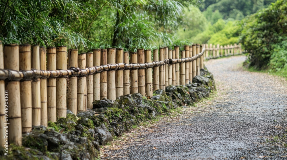 A bamboo fence along a scenic pathway, adding rustic charm to the landscape. A bamboo fence along a scenic pathway, adding rustic charm to the landscape.