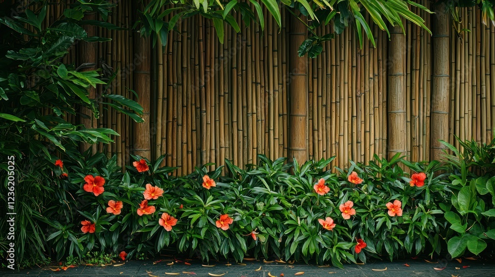 Fototapeta premium A bamboo fence with flowering plants growing along its base, creating a serene atmosphere.