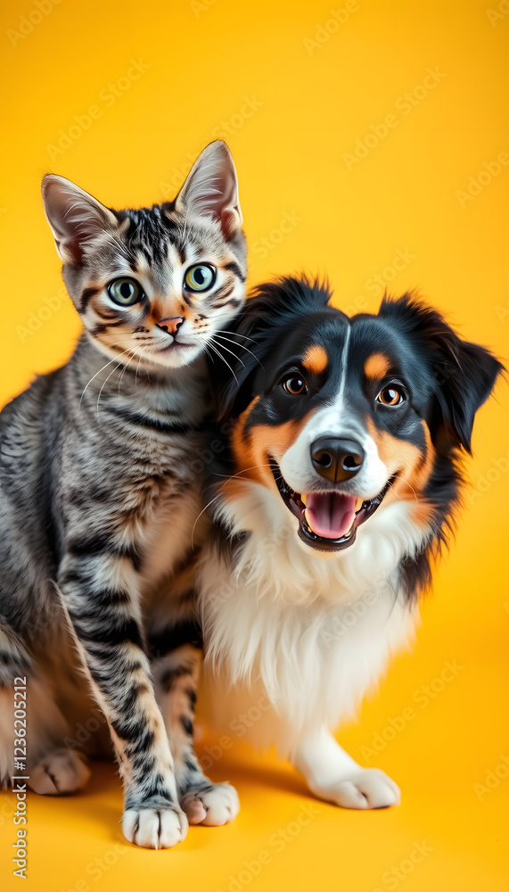 Grey striped tabby cat and a border collie dog with happy expression together on yellow background, banner framed looking at the camera, dramatic atmosphere. isolated with white shades Grey striped tabby cat and a border collie dog with happy expression together on yellow background, banner framed looking at the camera, dramatic atmosphere. isolated with white shades