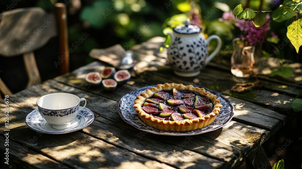 Fototapeta premium fig pie on a table in the garden. Selective focus