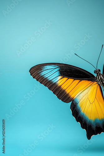 Closeup of a butterfly on a blue background. Minimal concept.  photo