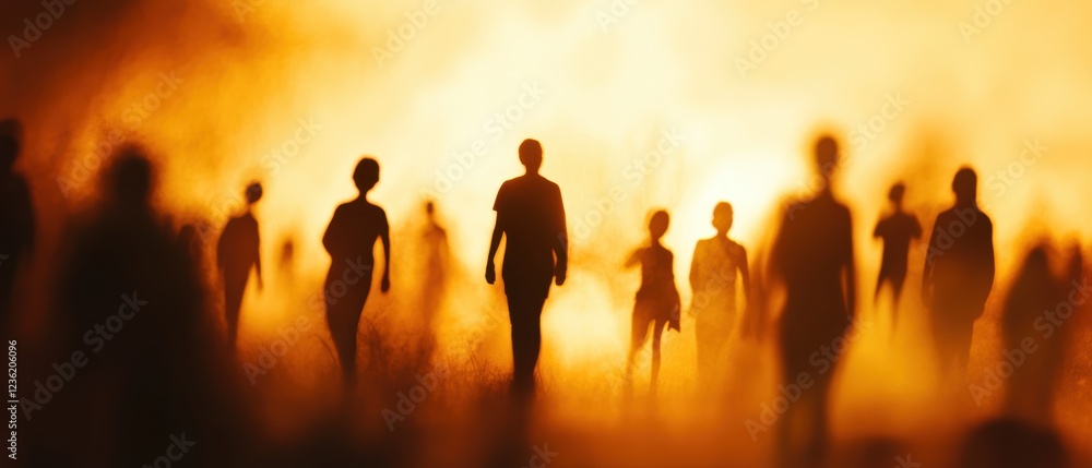 Fototapeta premium People walking in a foggy landscape with an orange glow, symbolizing uncertainty and transition, representing change, shadowy figures and ethereal atmosphere.