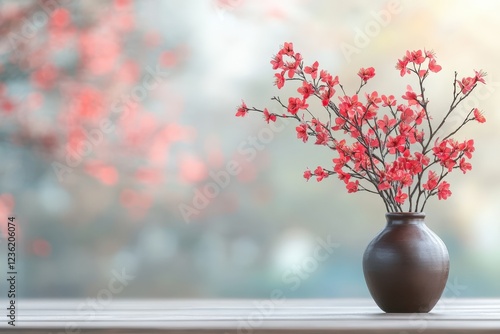 Wallpaper Mural Red blossoms in vase on table, blurred background, used for floral design. Torontodigital.ca