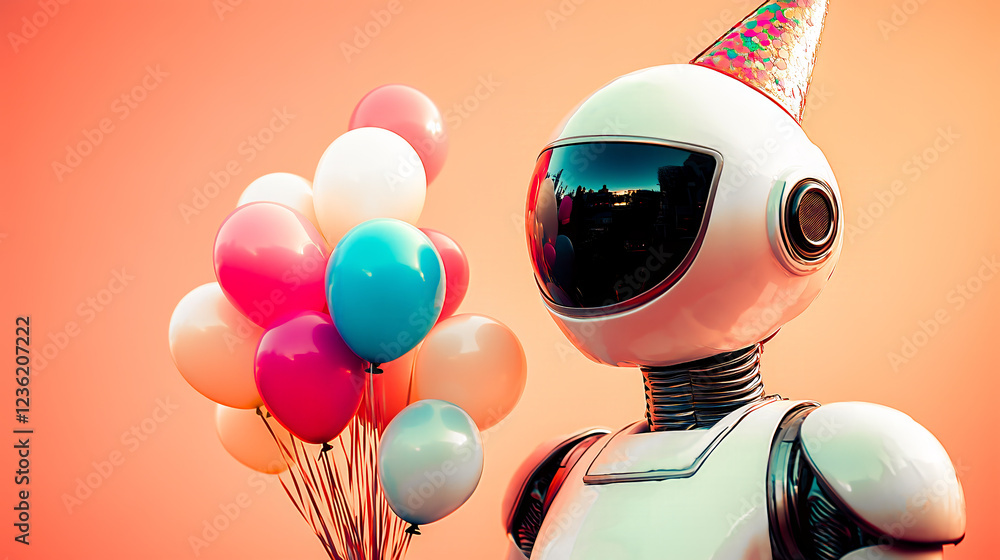 Cheerful contemporary, fantastic robot celebrates birthday with balloons on a vibrant pink background