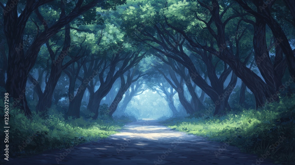 Naklejka premium Enchanted Pathway Through Lush Forest with Soft Mystic Light