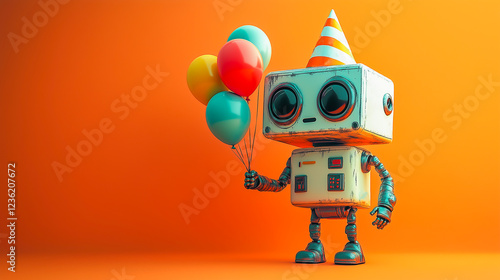 Robot wearing a colorful party hat with baloons isolated on orange background. Birthday, gender party background.