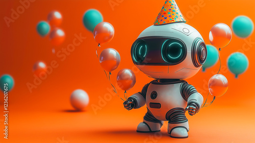 Robot wearing a colorful party hat with baloons isolated on orange background. Birthday, gender party background.