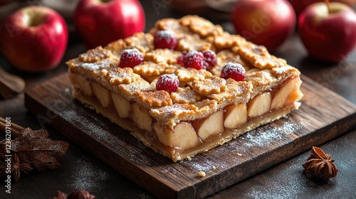 Wallpaper Mural Delicious apple dessert with raspberries and decorative pastry on a rustic wooden table Torontodigital.ca