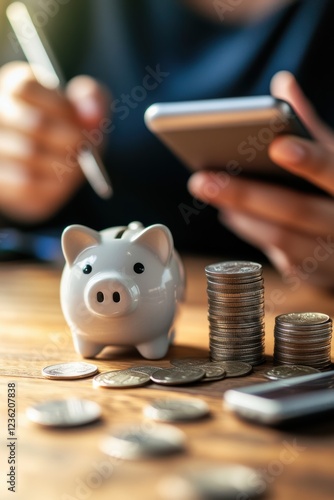 Piggy bank, smartphone, and coins on wooden table representing personal finance management. Budgeting, saving money, and financial planning concepts for better savings.