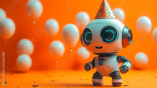 Robot wearing a colorful party hat with baloons isolated on orange background. Birthday, gender party background.