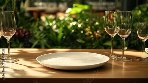 Empty white plate on wooden table, greenery background, elegant dining setting photo