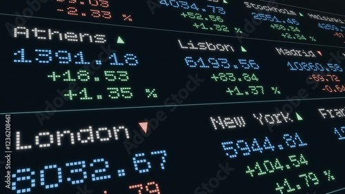 Stock market and exchange, international  indices, percentage changes, moving up and down. Device screen, New York, Amsterdam, Athens, Shanghai, Sao Paulo. Business and trading information. Concept, 3