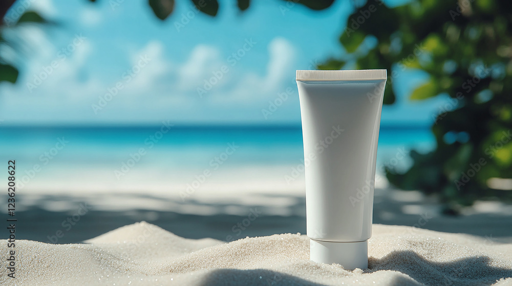 Mockup tube of sunscreen sits on the beach. The sun is shining brightly, and the sand is warm. The scene is peaceful and relaxing, perfect for a day at the beach