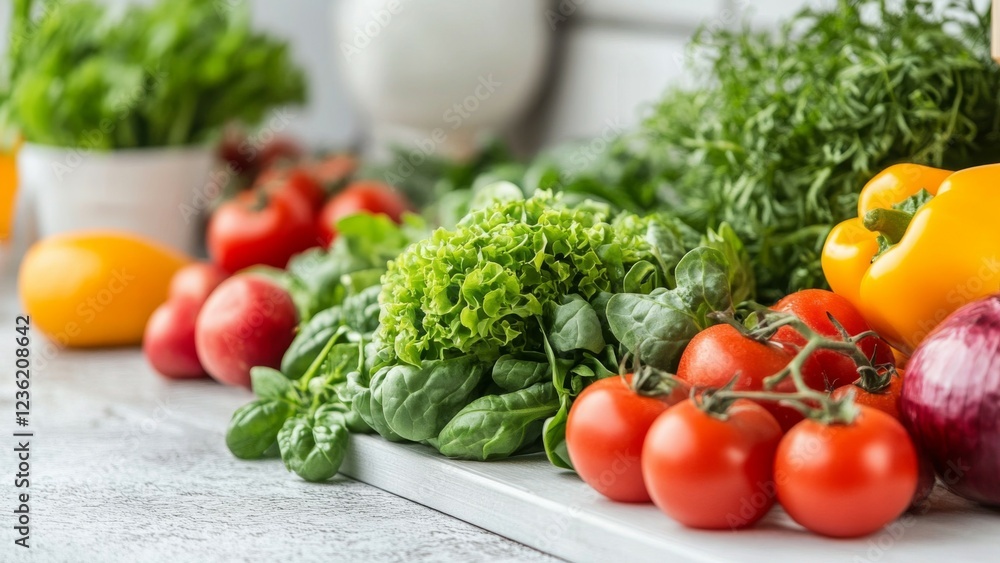 Fresh Vibrant Vegetables and Herbs on Kitchen Counter Fresh Vibrant Vegetables and Herbs on Kitchen Counter
