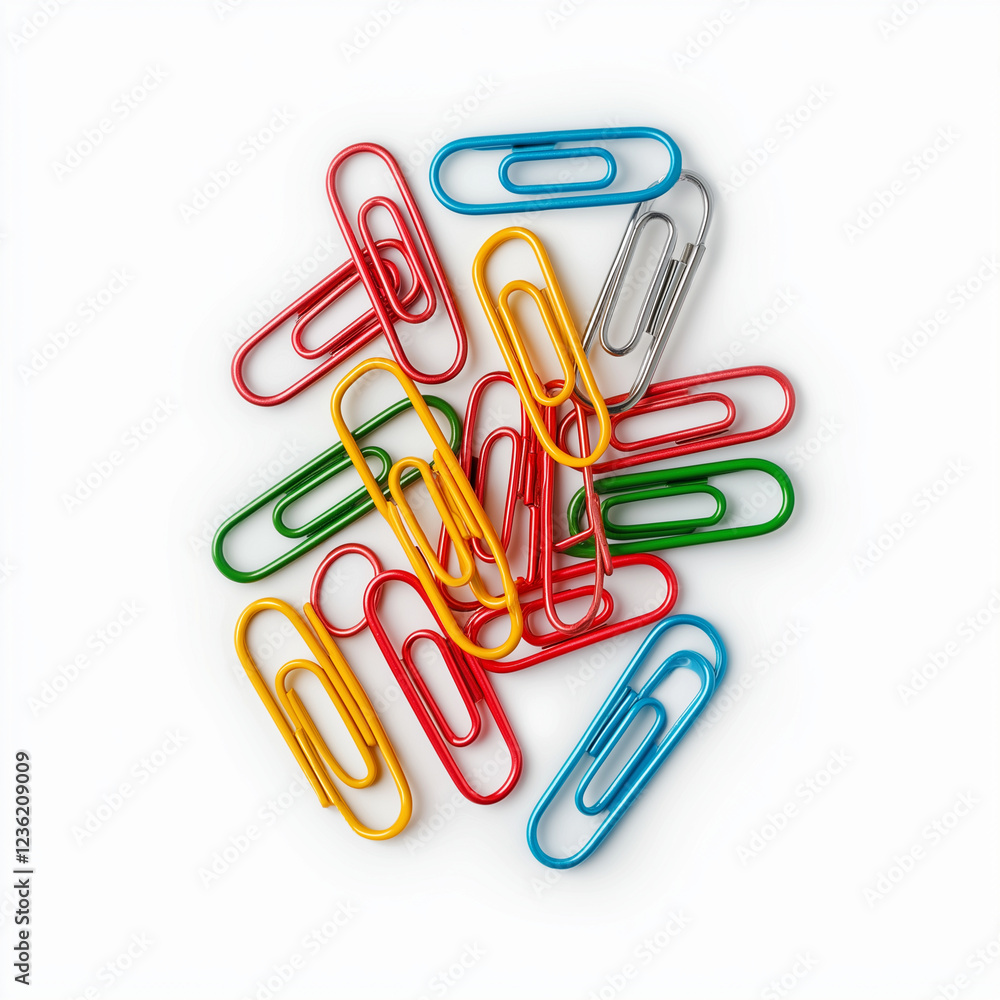 Colorful paper clips scattered on white background, showcasing various shapes and sizes. This vibrant collection adds playful touch to any workspace Colorful paper clips scattered on white background, showcasing various shapes and sizes. This vibrant collection adds playful touch to any workspace