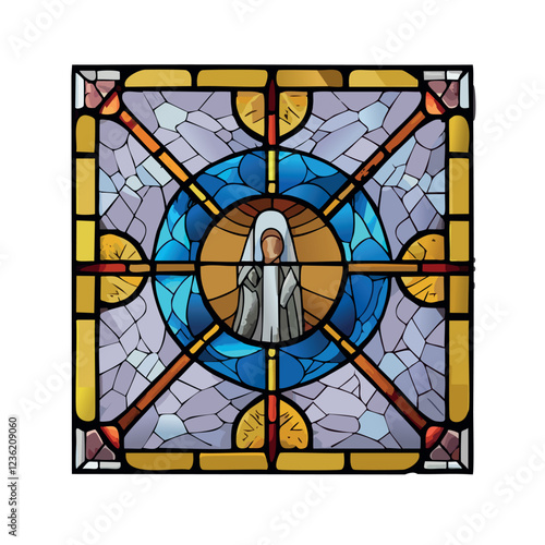 A stained glass window vector featuring yellows, purple and blue colours featuring a religious icon in the centre.