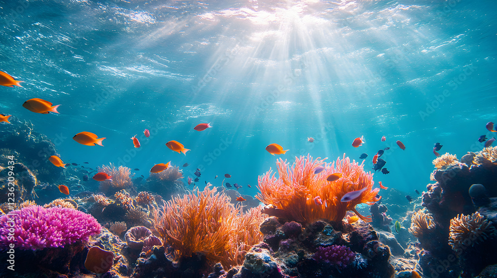 Fototapeta premium Underwater Tropical Corals Reef with colorful sea fish. Marine life sea world. Tropical colourful underwater seascape. 