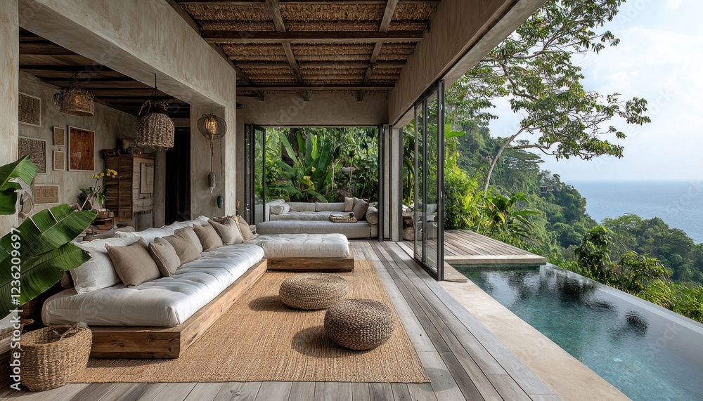 Luxury villa patio with ocean view, infinity pool, and lush jungle backdrop Luxury villa patio with ocean view, infinity pool, and lush jungle backdrop