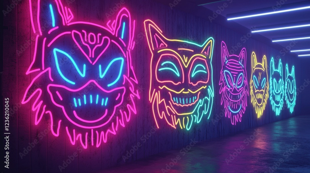 Obraz premium Neon Animal Masks Illuminating a Dark Urban Alleyway Scene