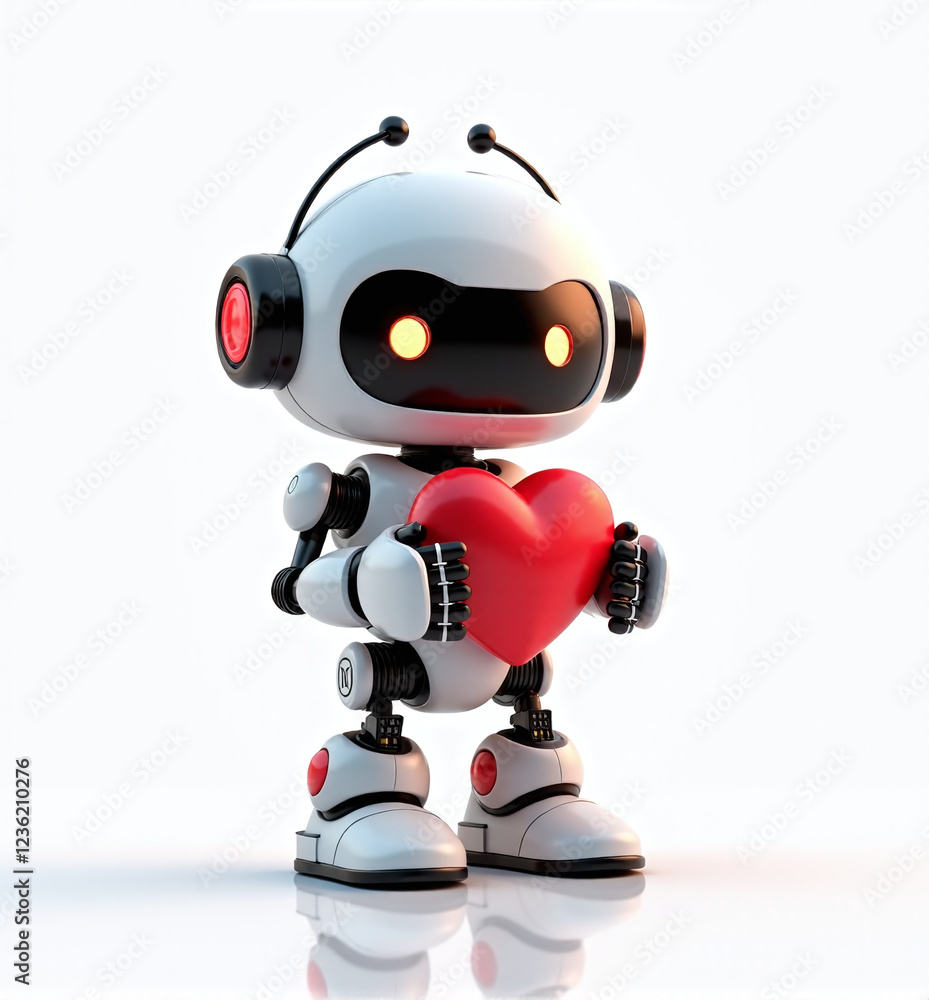 3D Robot Holding Heart, Cute and Playful Love Character on White Background
3D Robot Holding Heart, Cute and Playful Love Character on White Background
