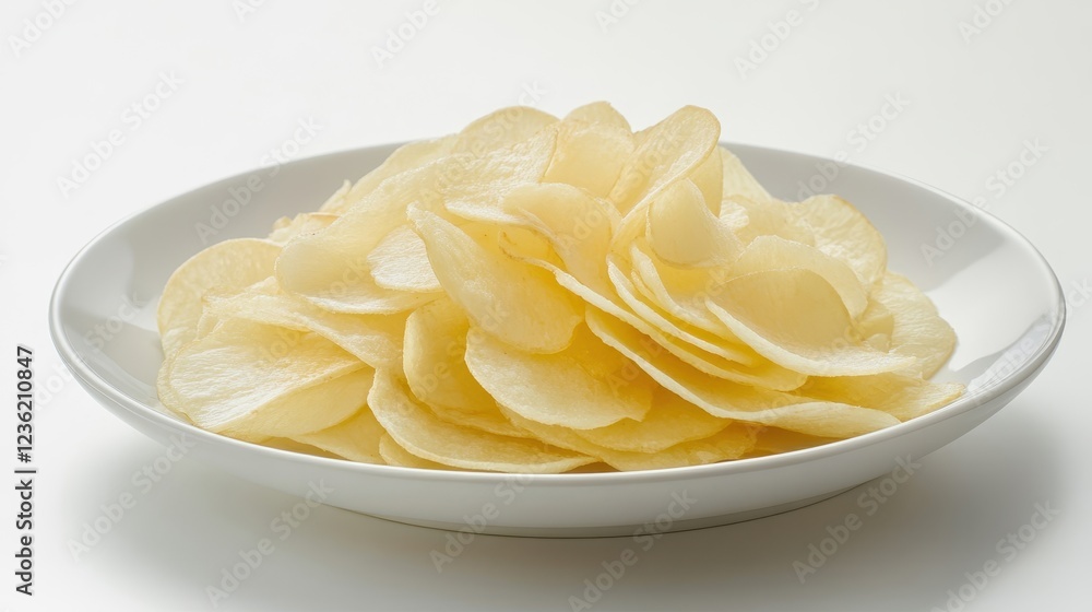 Thinly Sliced Kettle-Cooked Potato Chips on a Plate Thinly Sliced Kettle-Cooked Potato Chips on a Plate