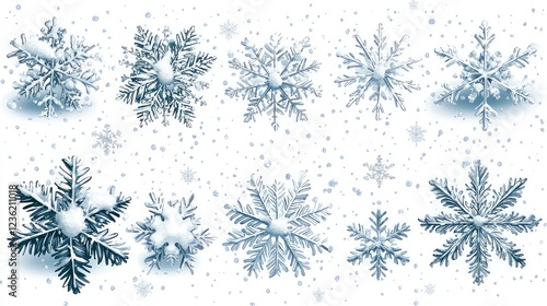 Vector heavy snowfall, snowflakes in different shapes and forms. Snow flakes, snow background. Falling Christmas. Stock royalty free vector illustration. PNG, on white background