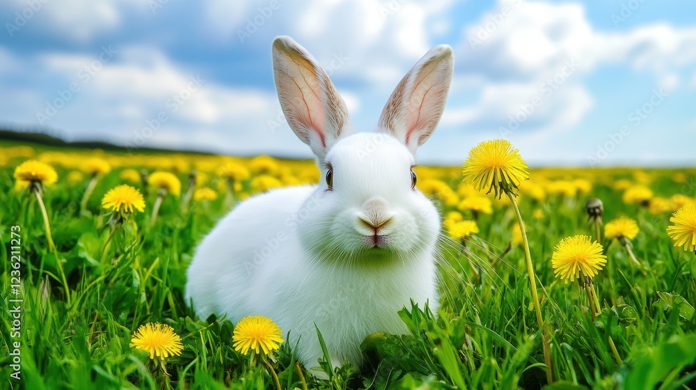 Fototapeta premium Rabbit sitting in a field of yellow dandelions under a bright blue sky, showcasing nature, wildlife, and serene outdoor environments for springtime themes.