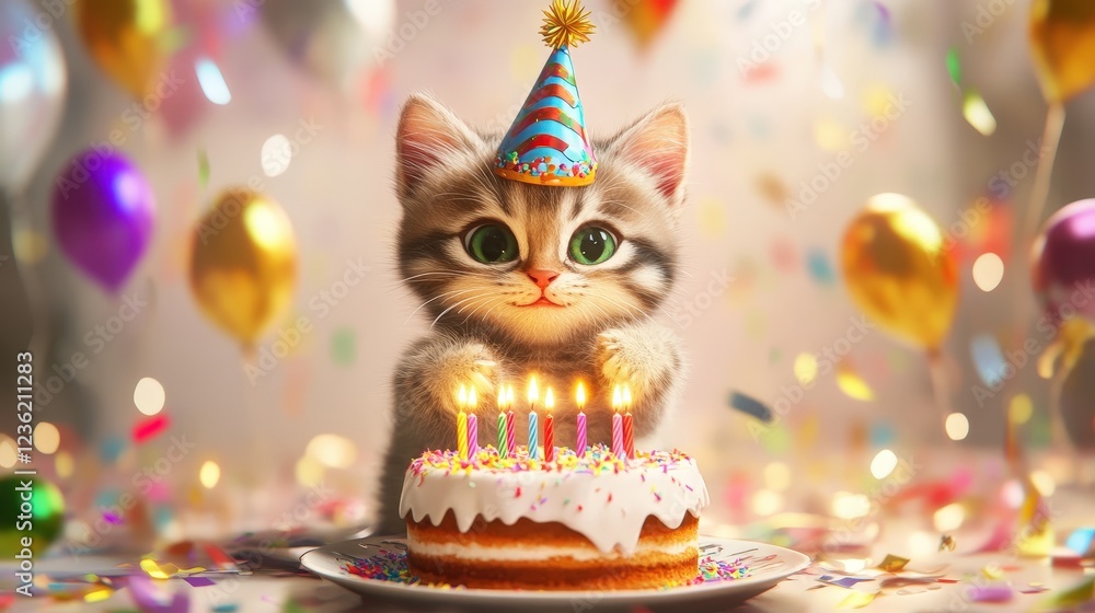 Fototapeta premium Cartoon cat with cake. Selective focus
