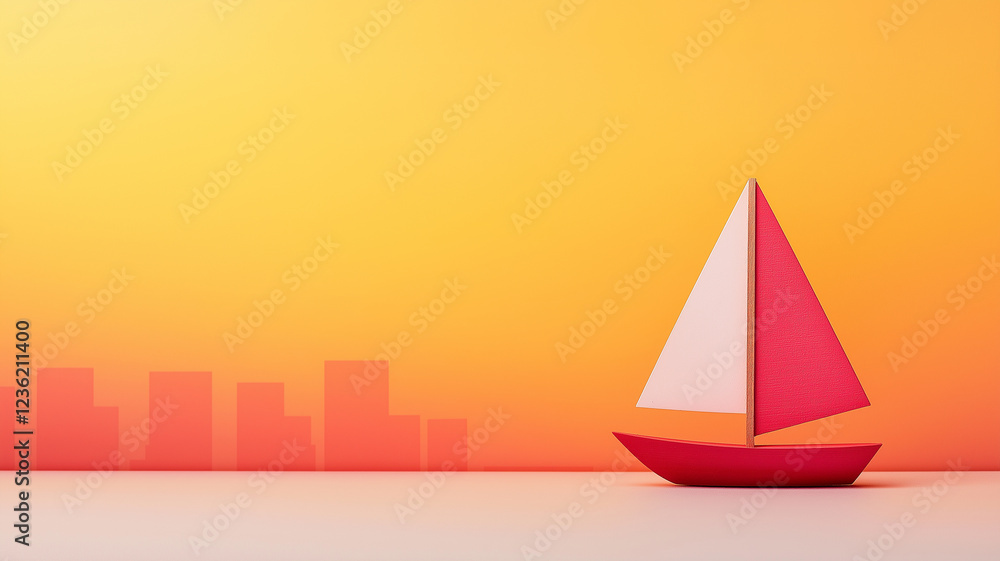 vibrant sailboat against warm orange gradient background, symbolizing adventure and tranquility. minimalist design highlights boat red and white sails, creating striking visual vibrant sailboat against warm orange gradient background, symbolizing adventure and tranquility. minimalist design highlights boat red and white sails, creating striking visual
