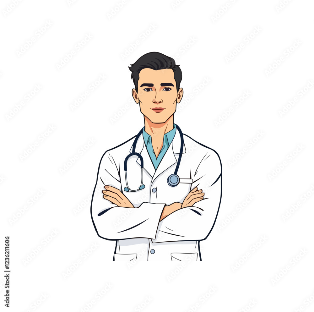 Confident Male Doctor in a White Coat with Stethoscope Confident Male Doctor in a White Coat with Stethoscope